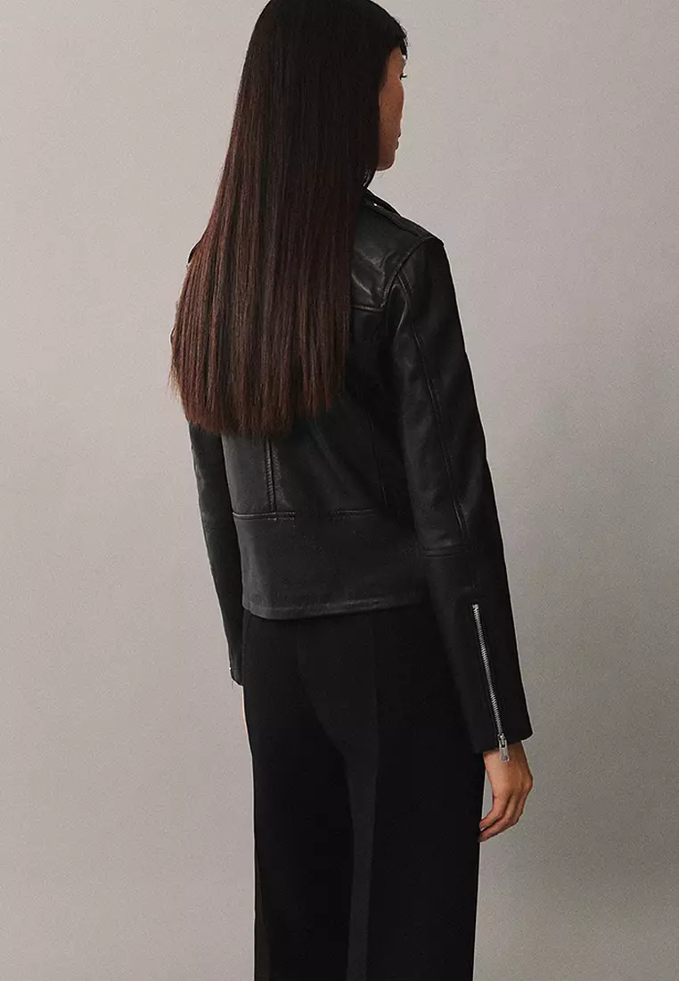 Mango black leather biker jacket top