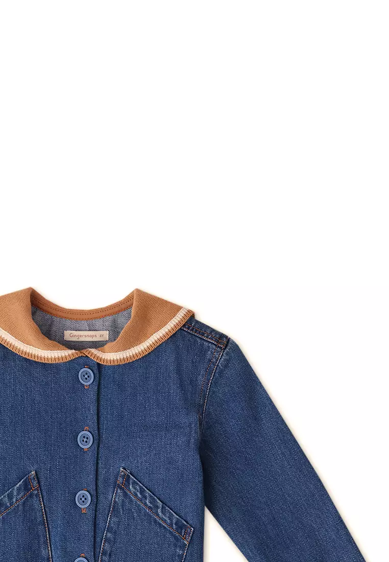 Girls Sailor Ribbed Collar Denim Jacket With Stripey Ribbed Cuffs And Hem