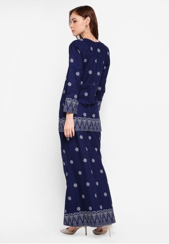 Buy Cotton Modern Kurung With Songket Print (MGlory) from Kasih in Blue and Silver at Zalora