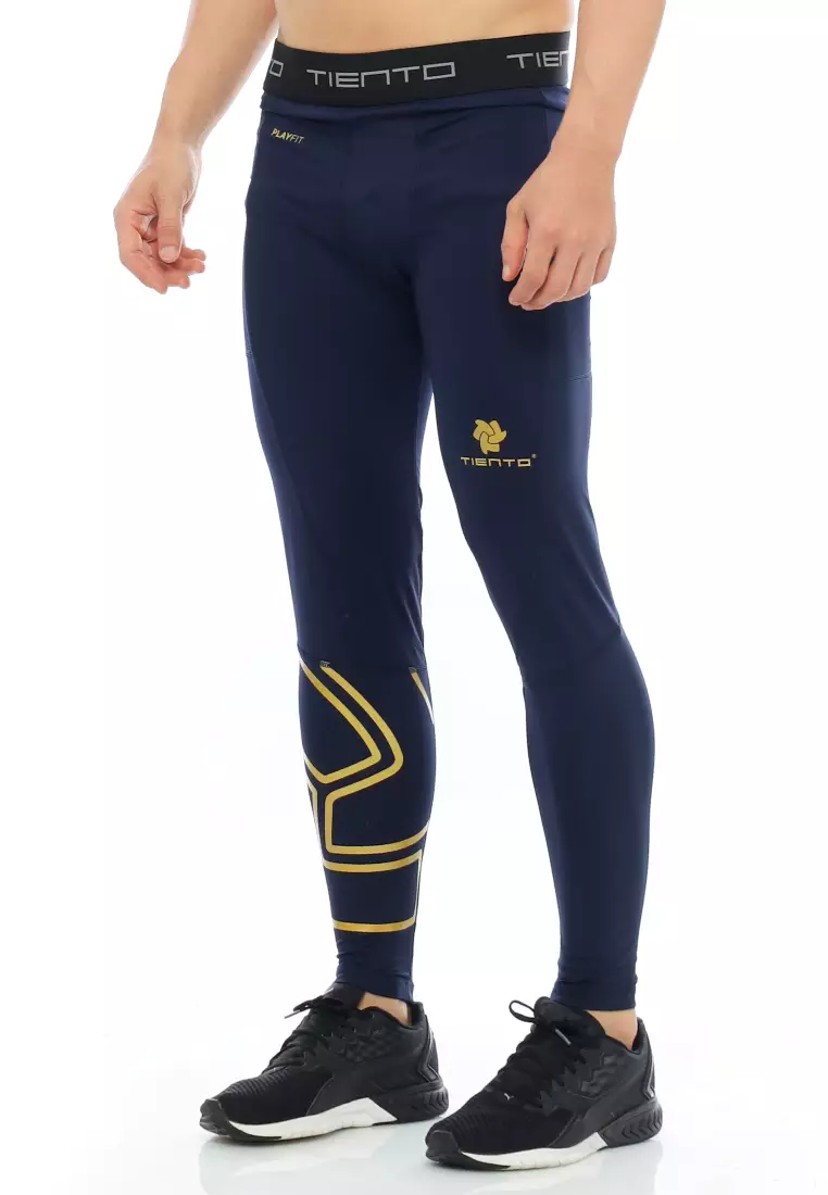 Tiento Baselayer Leging Celana Panjang Ketat Olahraga Pria Legging Sport Long Pants EXO Series Navy Gold Men