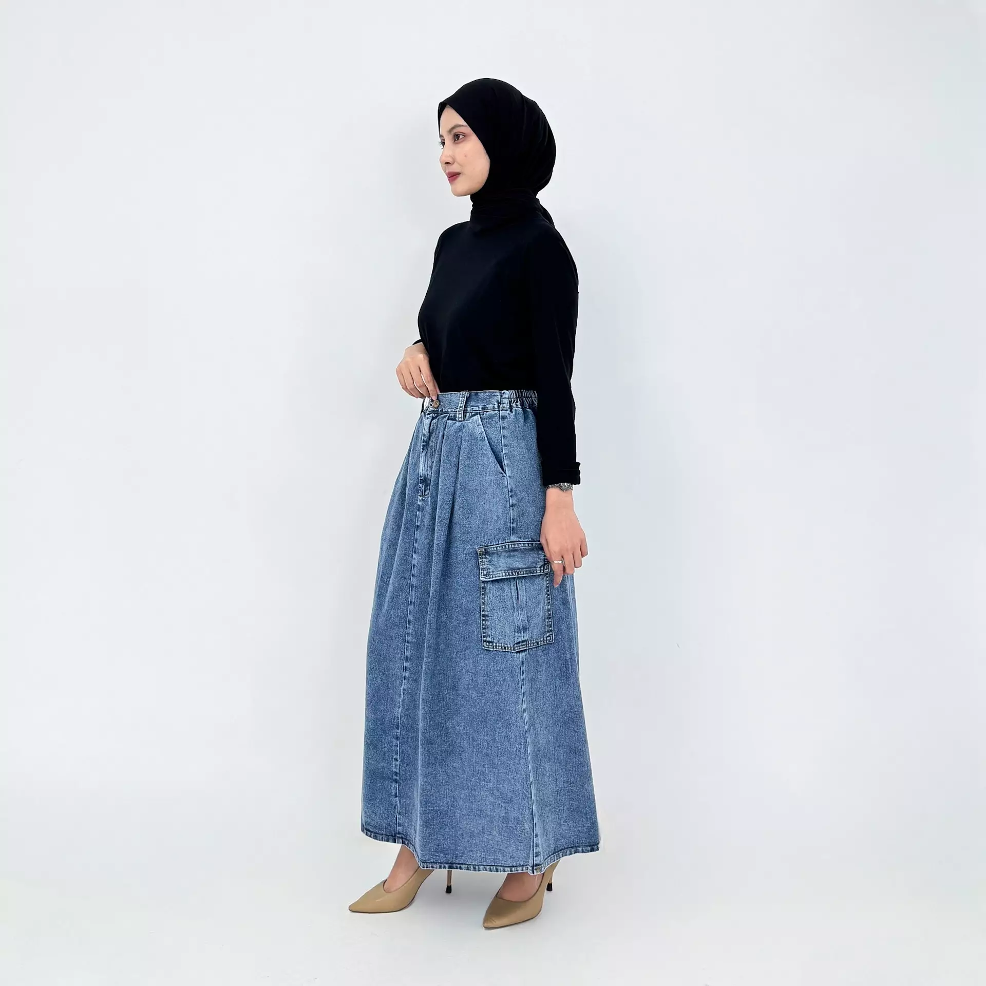 Rok Panjang Jeans Wanita LONG SKIRT DENIM CARGO BASIC