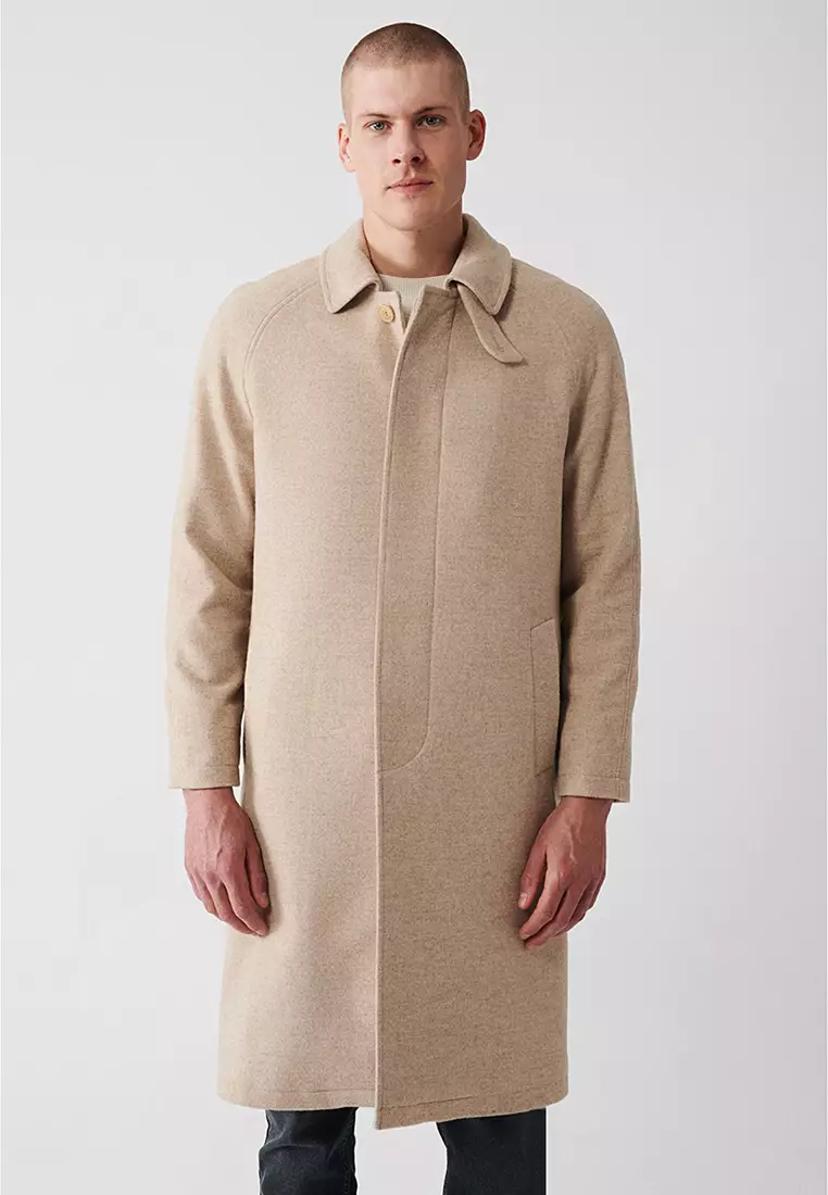 Men's Beige Wool Hidden Placket Raglan Sleeve Long Cashmere Coat A32Y6102