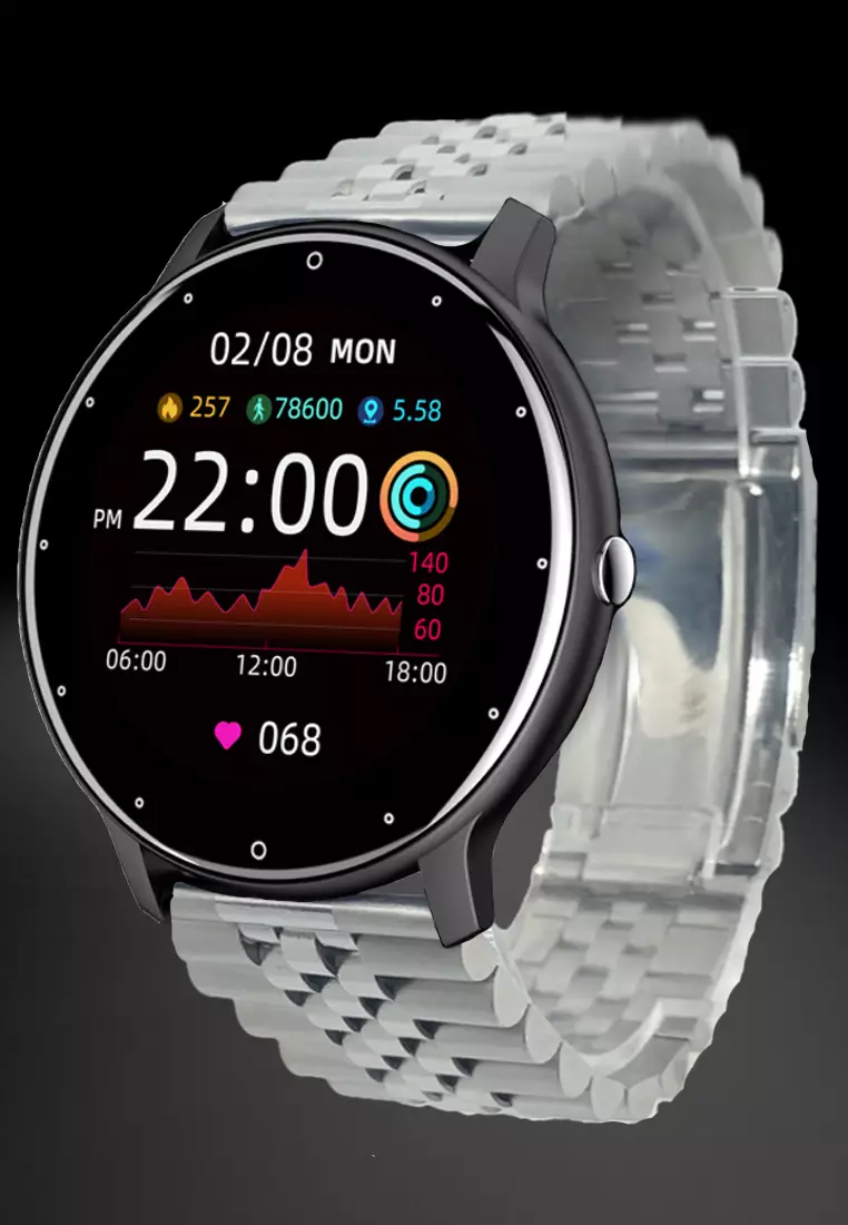 Unisex IOS/Android Black SmartWatch with Stainless Steel Bracelet + 1 Free Black Rubber Strap