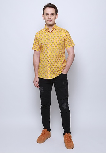 YUVA pink and orange and yellow Fire Yellow Block-Printed 100% Cotton Men's Shirt With Pocket 1C298AAAFF20DBGS_1