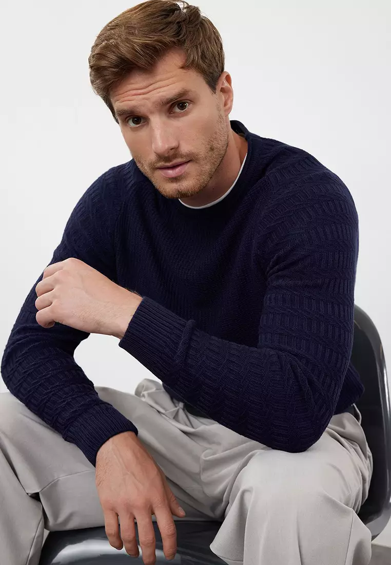 Navy Blue Slim Fit Crew Neck Textured Knitwear Sweater TMNAW22KZ0380