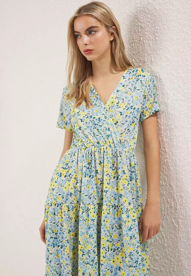 Yellow Floral Midi Knitted Dress Twoss24El00417