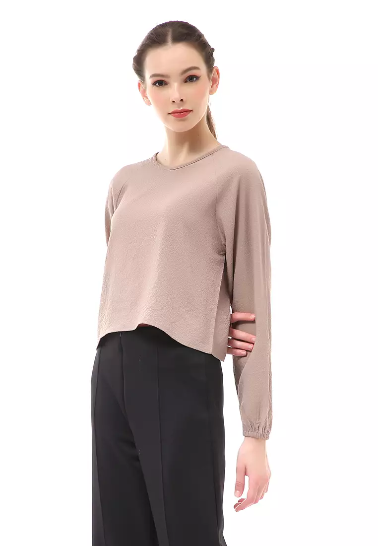 Albertine Blouse Atasan Wanita Lengan Panjang Desain Balon Material Crinkle ORIGINAL - Coffee