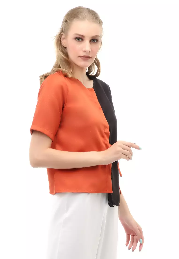 Cheva Blouse Wanita Kasual Zigzag Tali Ikat Samping Kombinasi 2 Warna Material Moscrepe ORIGINAL