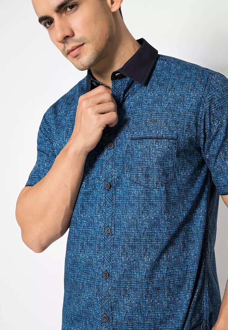 LGS - Slim Fit - Kemeja Casual - Kemeja Lengan Pendek - Motif Corak - Warna Biru - JSH.392.S917F.719.C