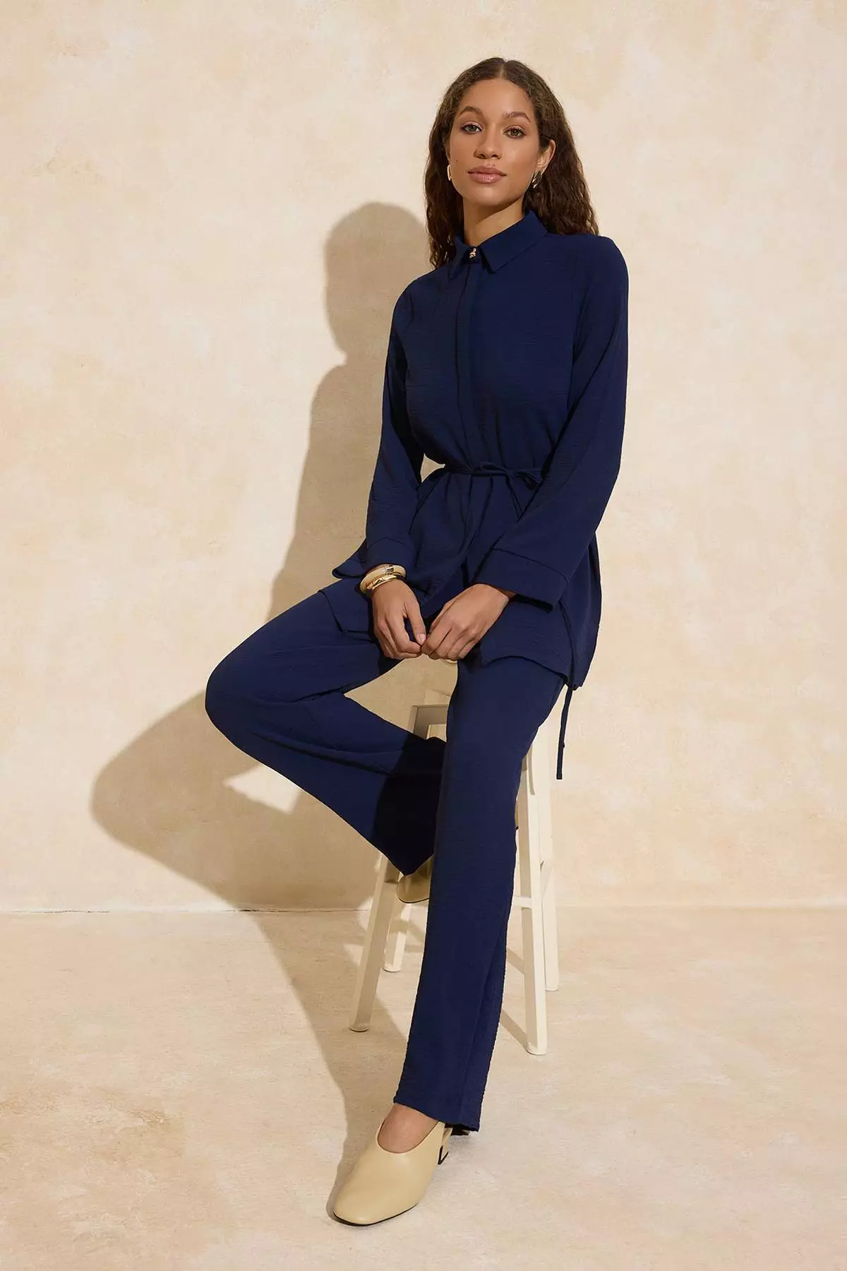 Navy Blue Gold Button Detailed Aerobin Shirt-Pants Woven Bottom-Top Set Tctss25Us00034
