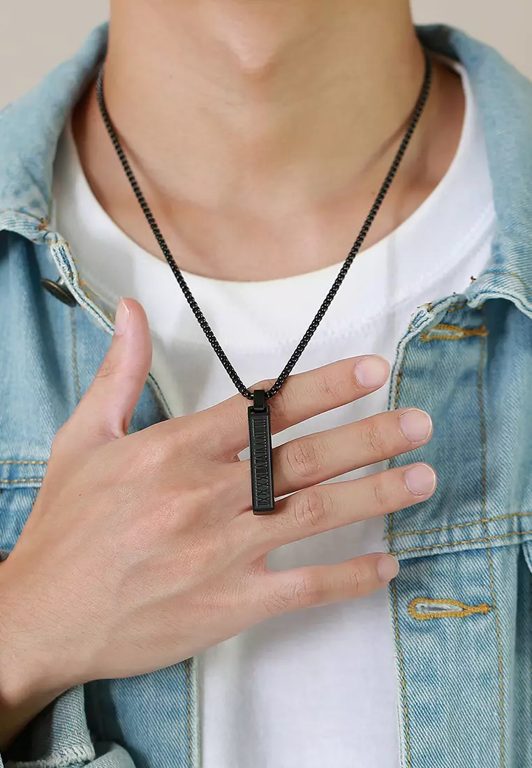 Titanium Steel Rectangular Bar Roman Numerals Pendant Necklace JW QX-1490