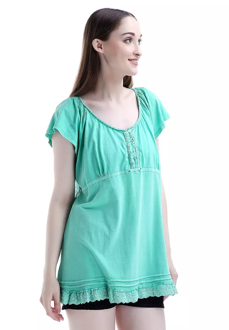 Zachery Blouse Short Sleeve Motif Solid Desain Classical Baju Atasan Wanita - Hijau