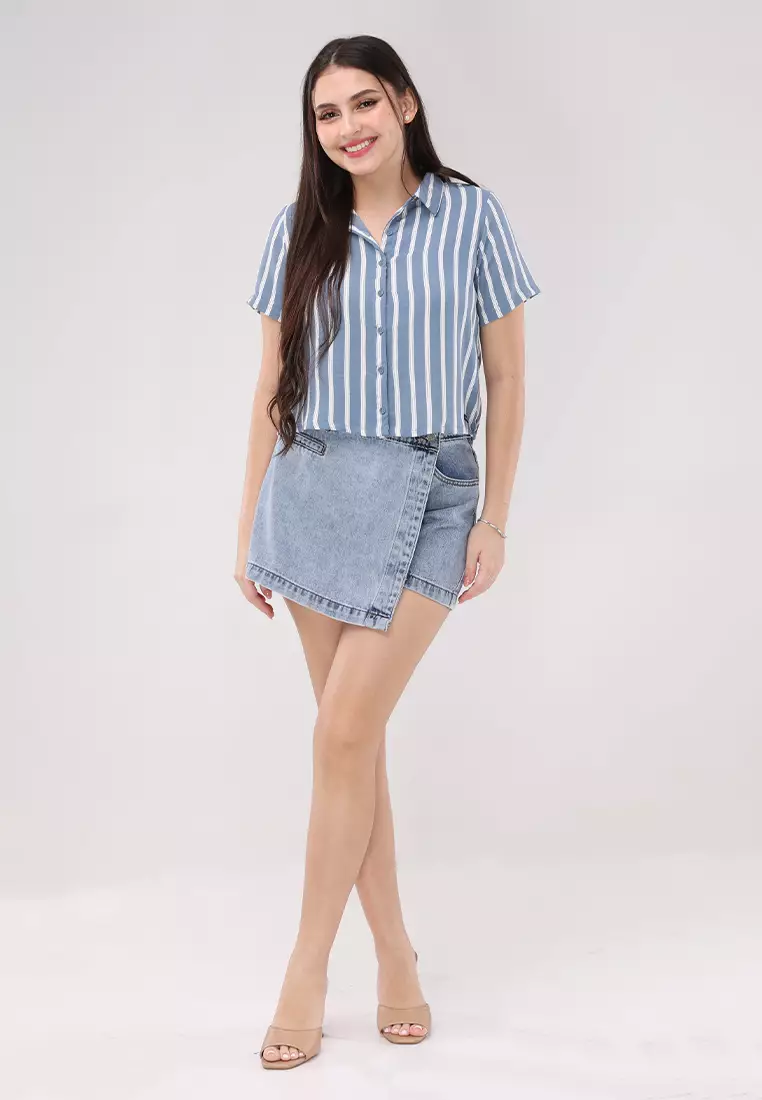 Crumpled Linen 3 Stripes Woven Short Sleeves Blouse