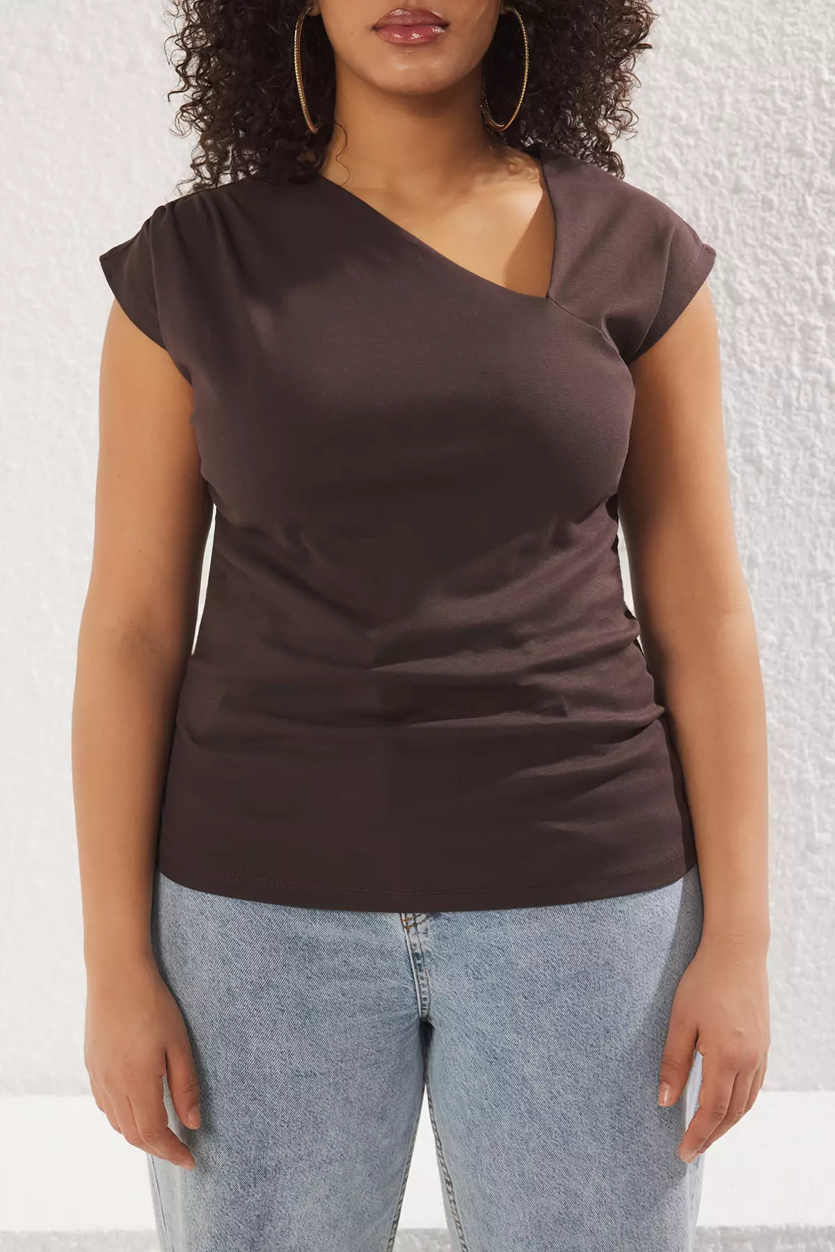 Brown Soft Fabric Asymmetrical Collar 100% Cotton Knitted Plus Size Blouse Tbbss25Af00002