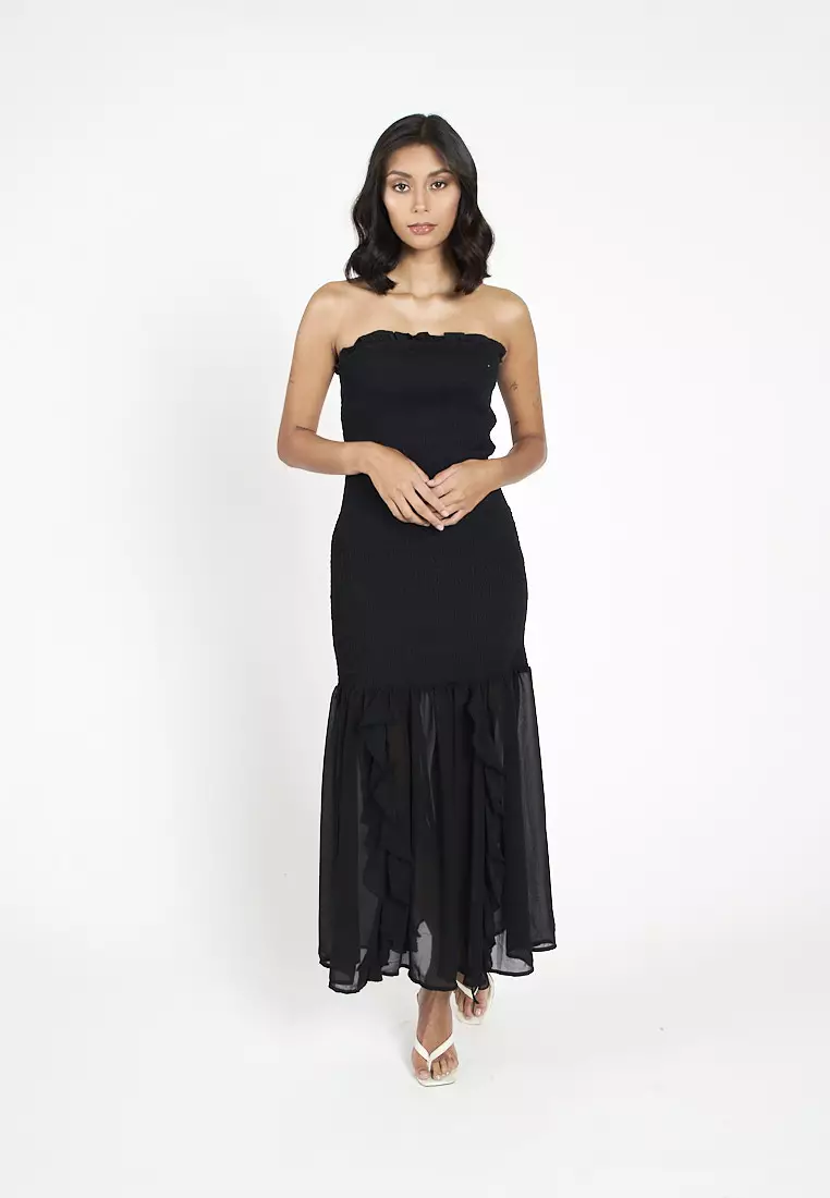 Buy Love, Ara Navi Black Ruffle Neckline Smocked Tube Midi Dress 2024  Online | ZALORA Philippines