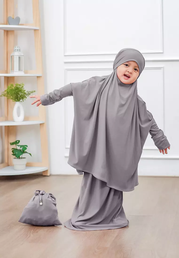 Zelena - Raudhia Prayer Set Anak | Set Mukena French Khimar - Lava Grey
