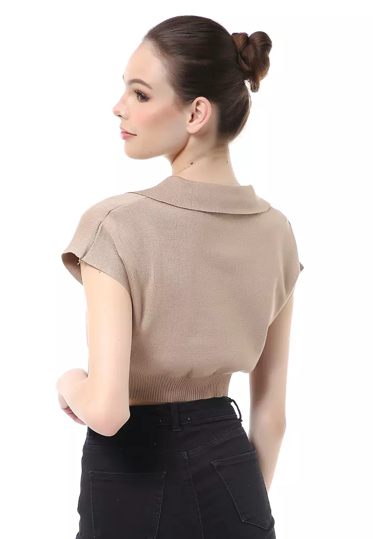 Albertine Atasan Crop Wanita Lengan Pendek Blouse Kerah Material Rajut ORIGINAL - Brown