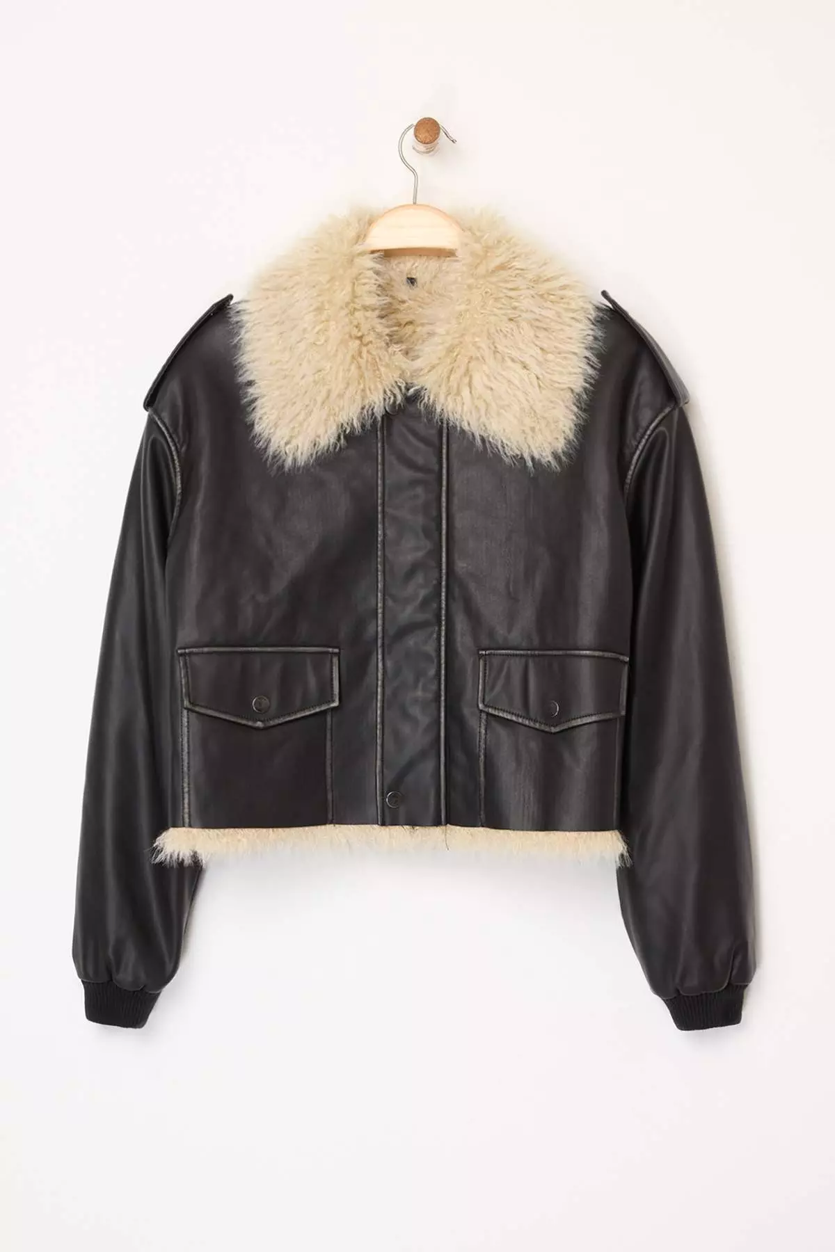 Black Regular Fit Fur Detailed Faux Leather Coat
