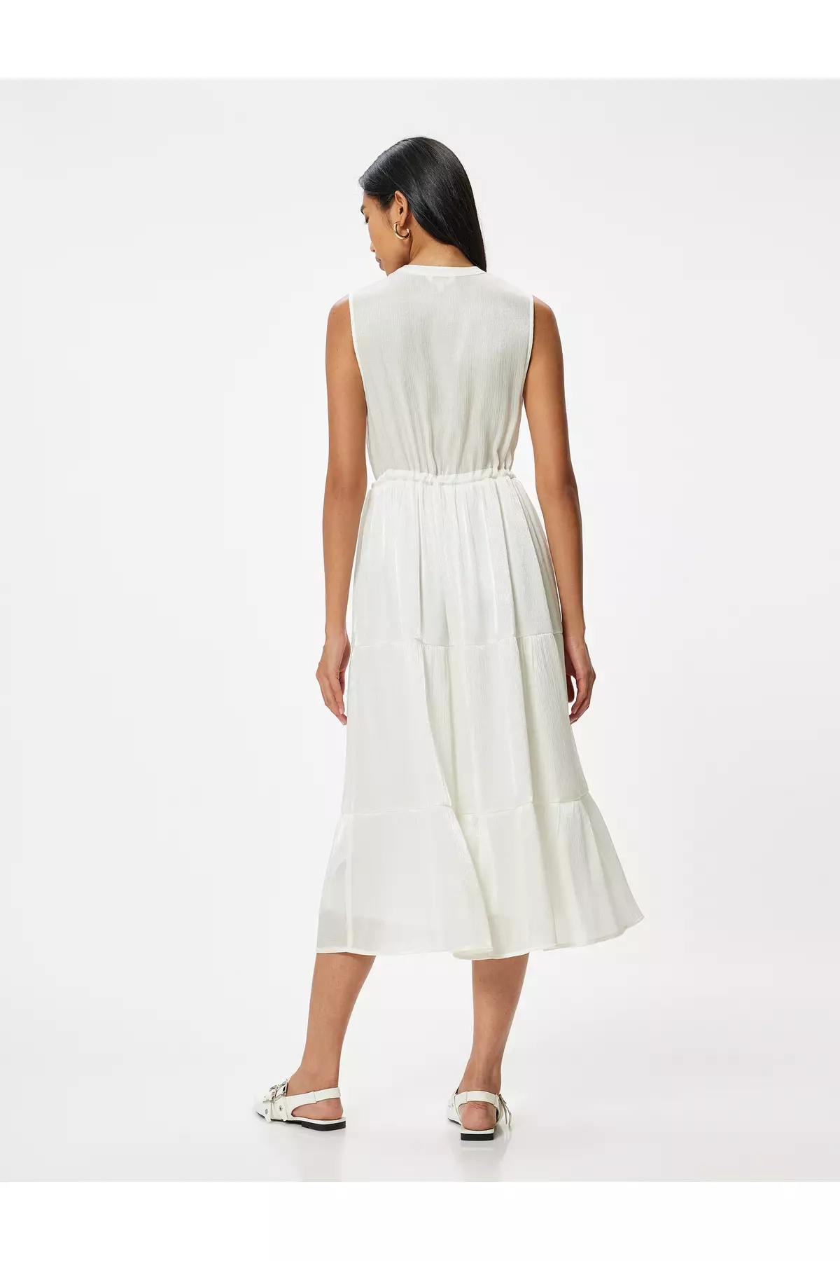 Sleeveless Midi Length Viscose Dress Shiny Tie Waist Lined