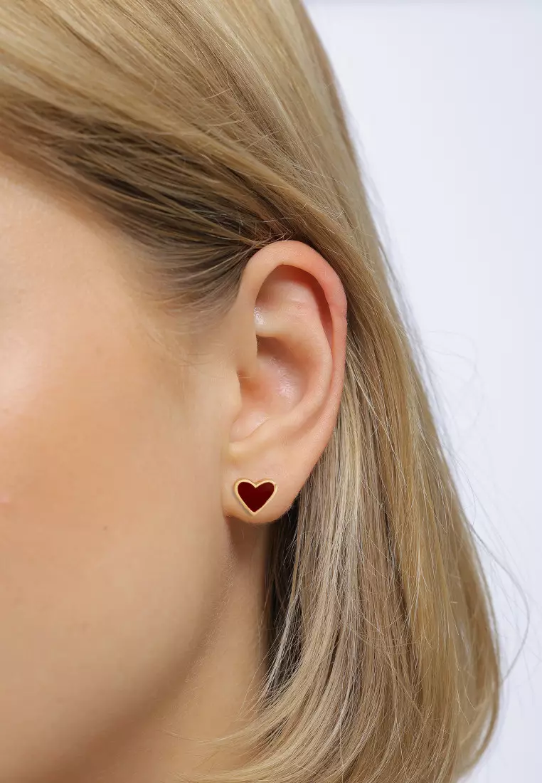 Anting Perhiasan Perak 925 Wanita Stud Heart Red Enamel Gold Plated