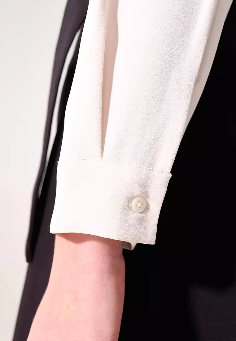 Cream Stand Collar Tie Long Sleeve Top