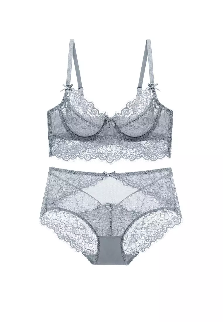 Sexy Push Up Ultra-thin Transparent Lace Bra Sexy Lingerie Set (Bra And  Panty) - Grey