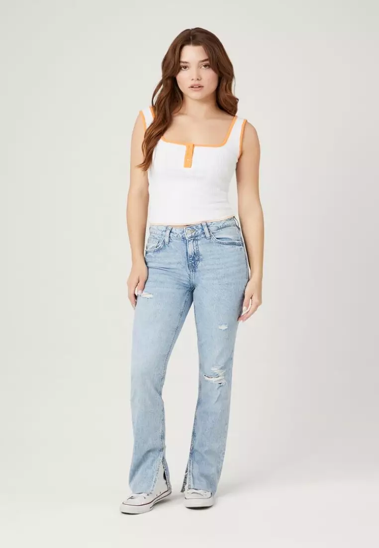 Buy FOREVER 21 Distressed Split Hem Straight Leg Jeans 2024 Online