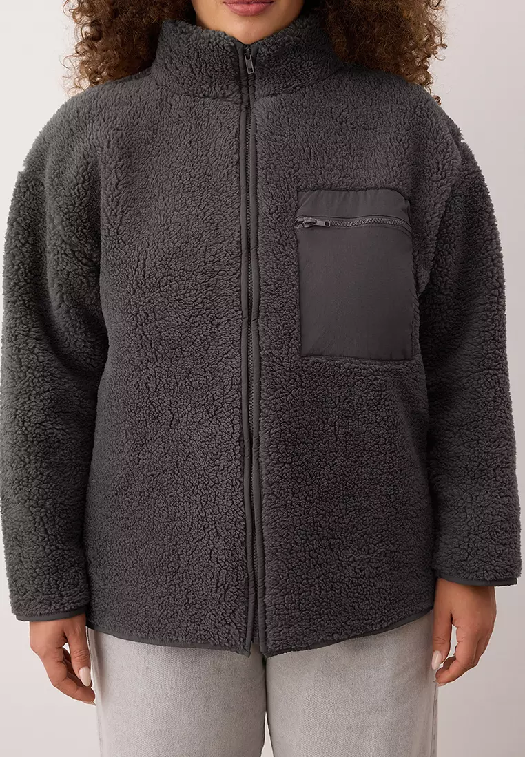 Winter Essentials Anthracite Thick Fleece Zippered Stand Collar Pocket Knitted Sweatshirt Tbbaw26Ao00022