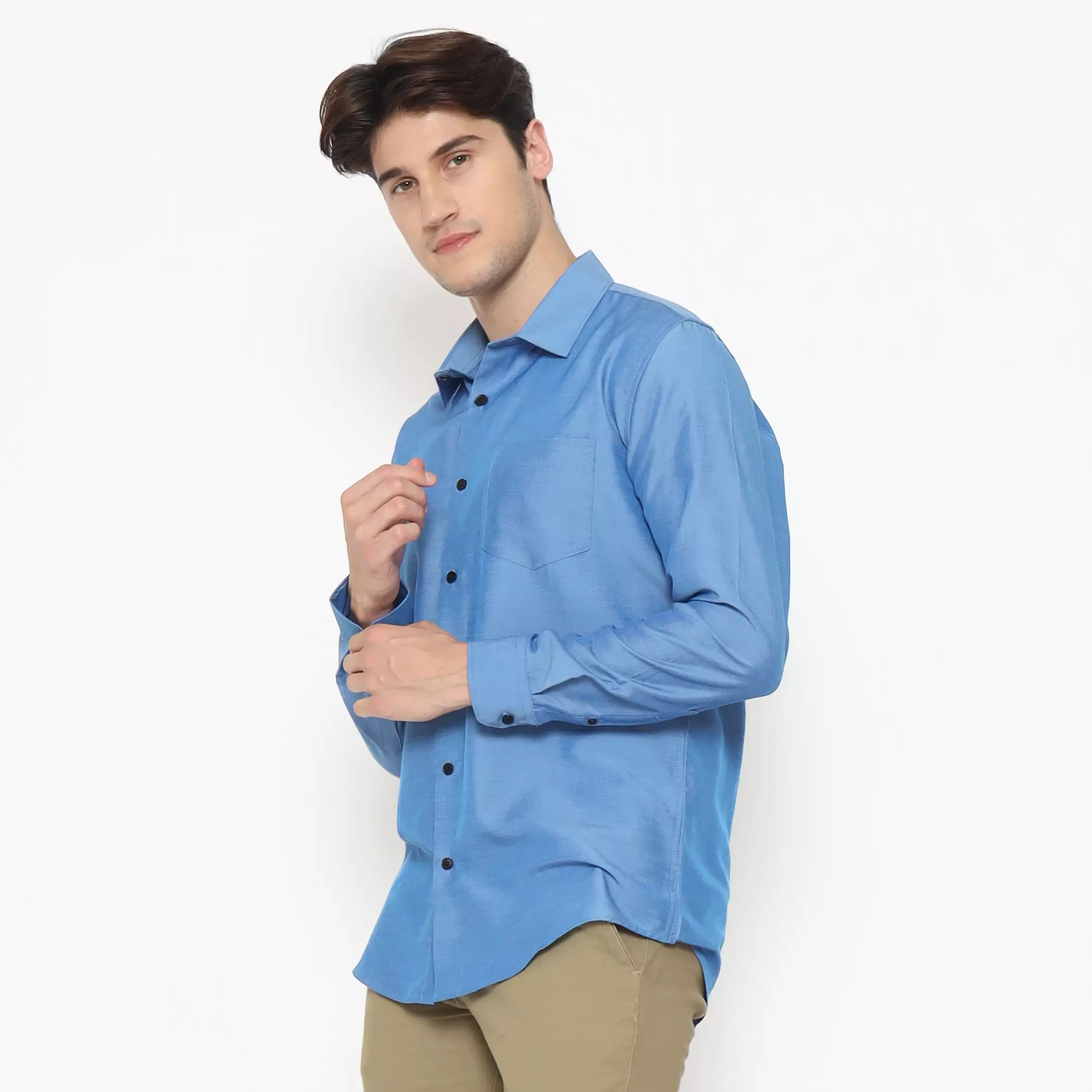 MAGINOT Kemeja Pria Basic Polos Panjang MEDIUM BLUE