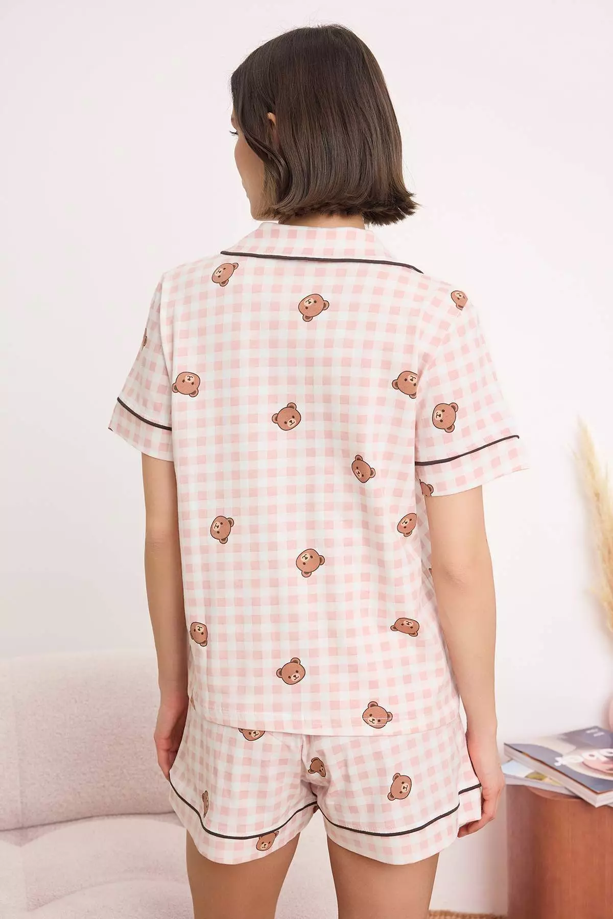 Pink 1% Cotton Plaid / Checkered Teddy Bear Patterned Ribbed Knitted Pajama Set Thmss26Pt157
