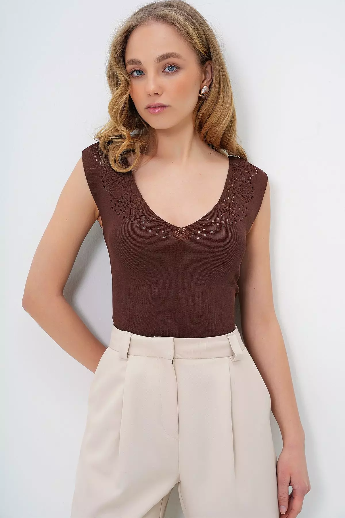 Women's Brown Front Back V-Neck Openwork Summer Knitwear Blouse