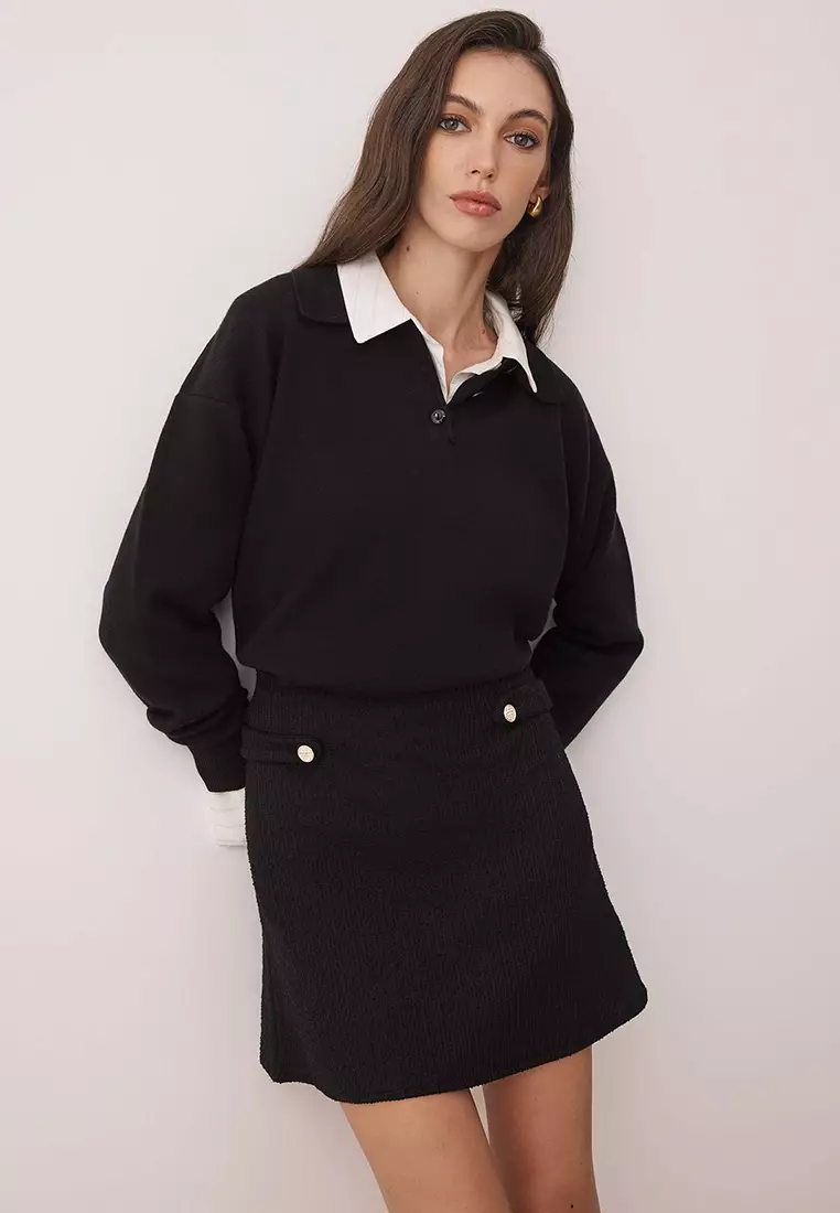 Black Pencil Tweed Button Detailed Short/Mini Knitted Skirt Twoaw26Et00086