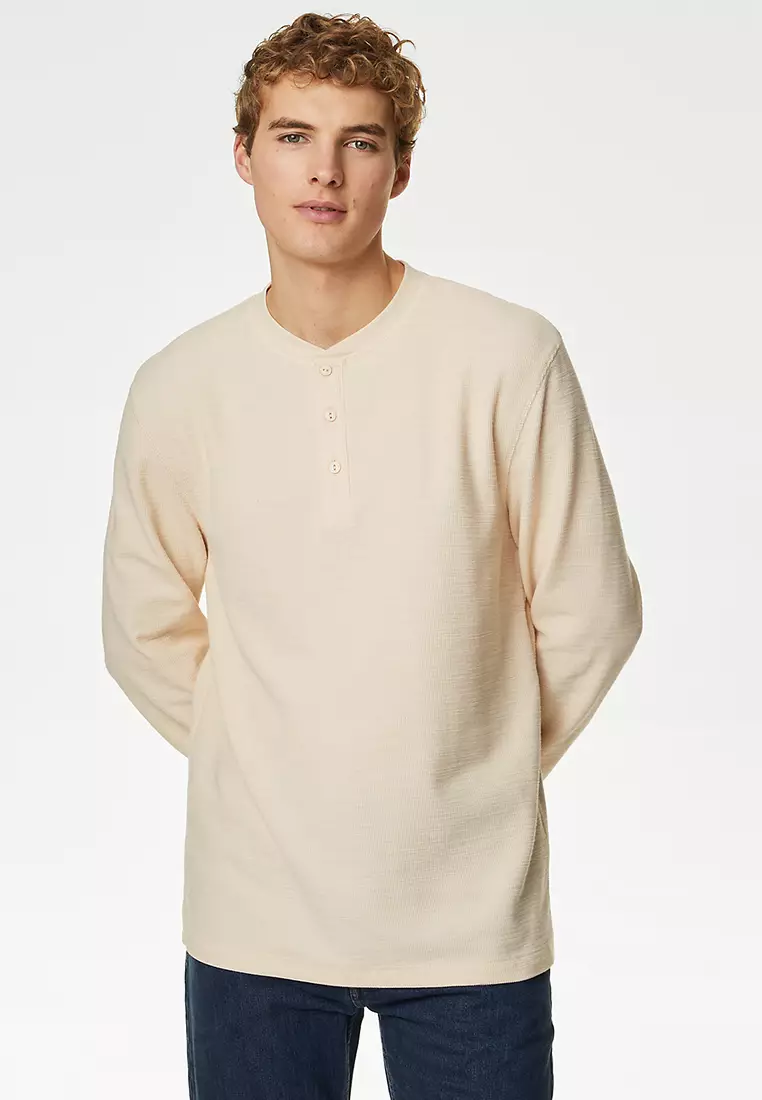 Cotton Blend Textured Henley T-Shirt