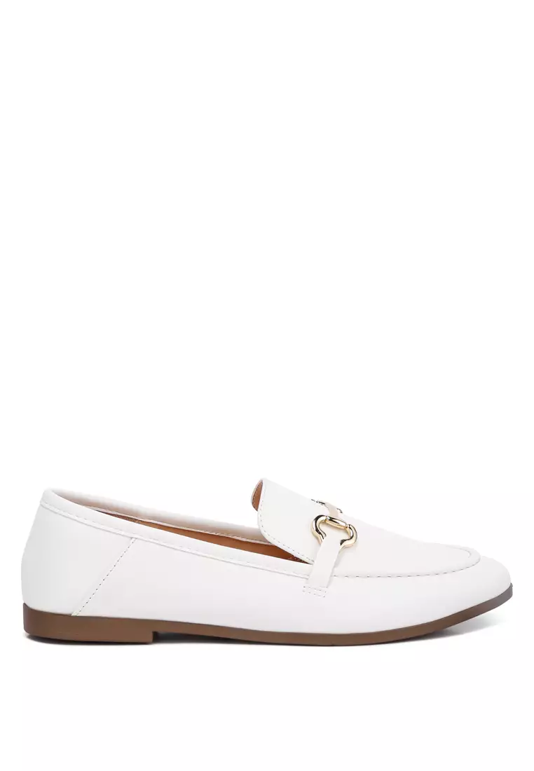 Horsebit Embellished Faux Leather Loafers in White