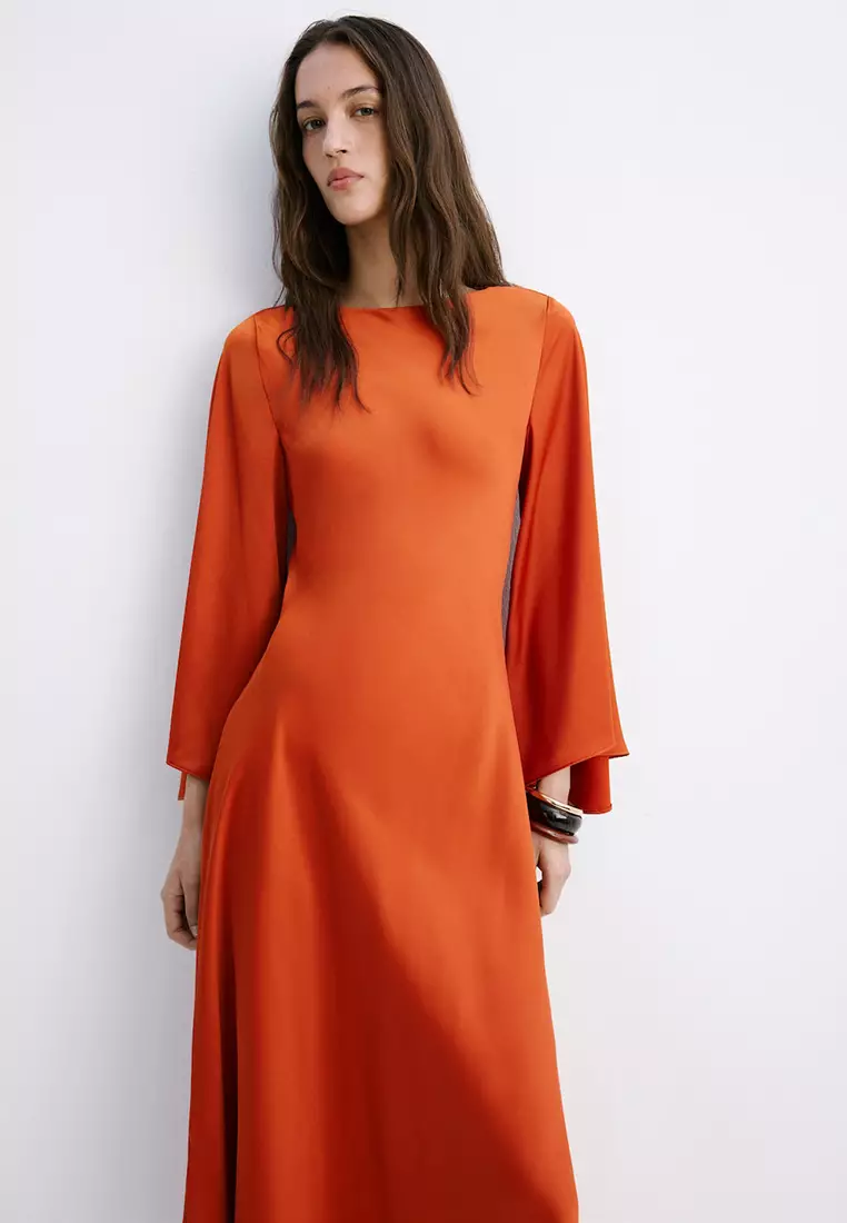 Flared-Sleeves Satin Dress