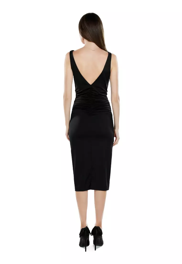 Black Sleeveless Draped Knee Length Dress
