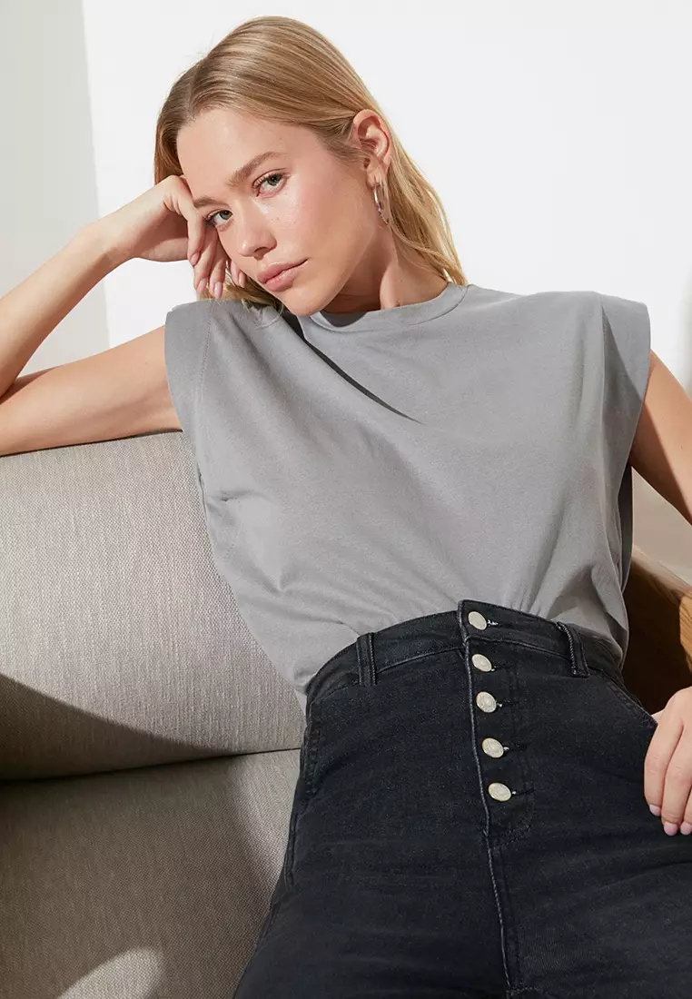 Gray 100% Cotton Wadding Look Basic Crew Neck Knitted T-Shirt TWOSS20TS0021