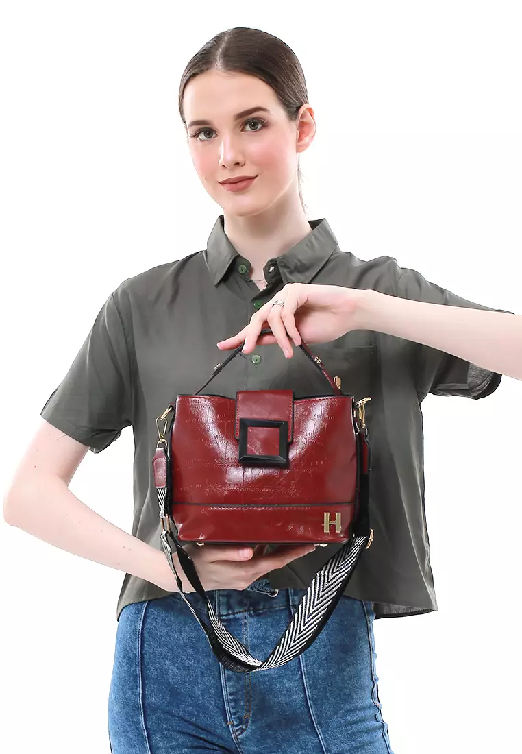 Eilaria Tas Selempang Fashion Wanita Big Strap Shoulder Bag Material Leather ORIGINAL - Red