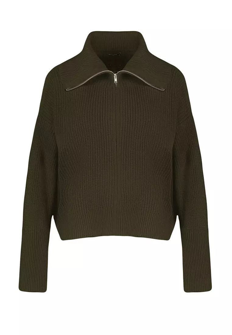 Turn Down Collar Zippered Khaki Knitwear Cardigan Wide Fit