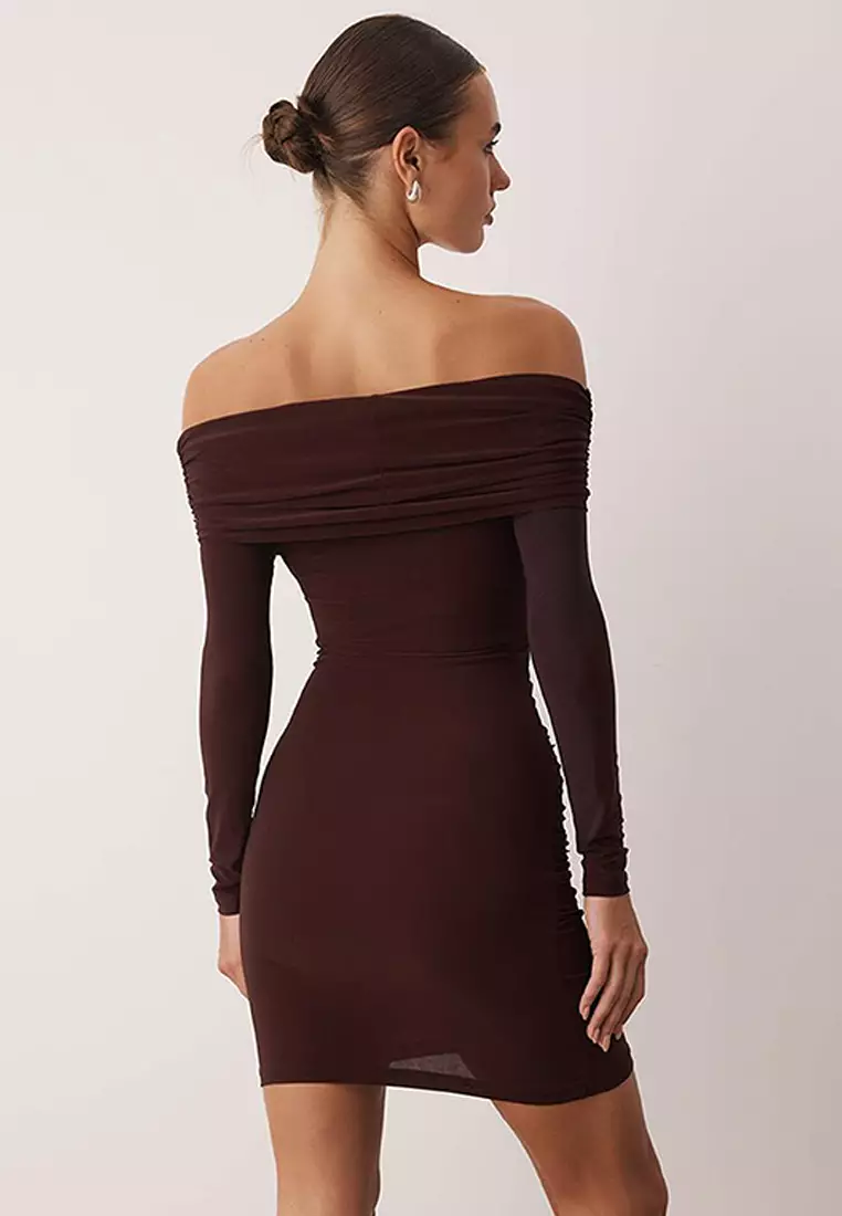 Brown Plain Carmen Collar Bodycone/Fits Body Ribbed Stretchy Mini Knit Dress Twoaw26El00036