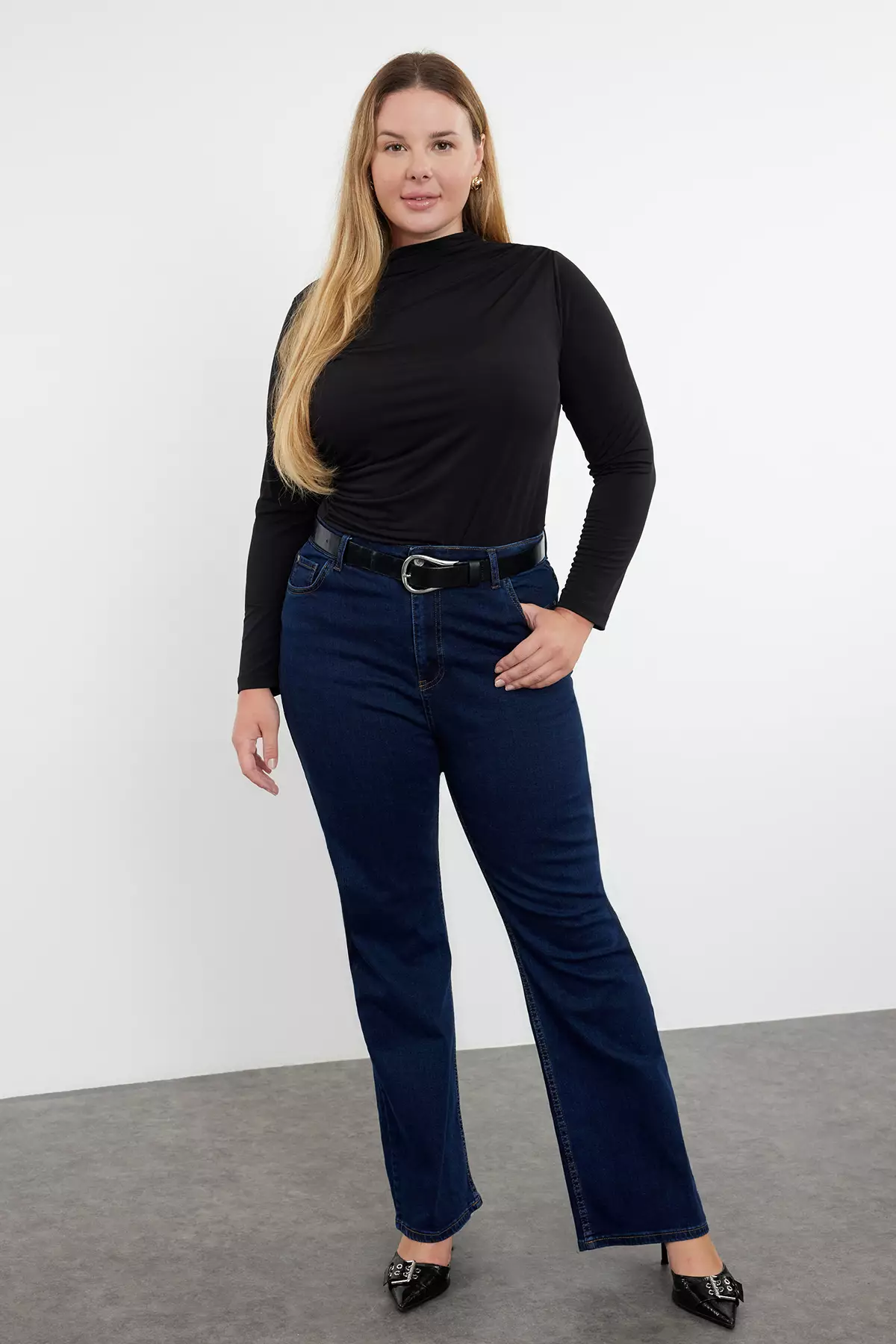 Black Stand Collar Gather Detail Body Fitting Knitted Plus Size Blouse Tbbaw25Af00014