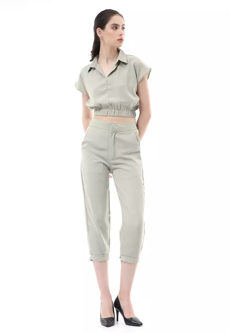 Nayra One Set Setelan Atasan Crop Karet Lengan Pendek Basic Pants Wanita Material Dolce ORIGINAL - Sage Green