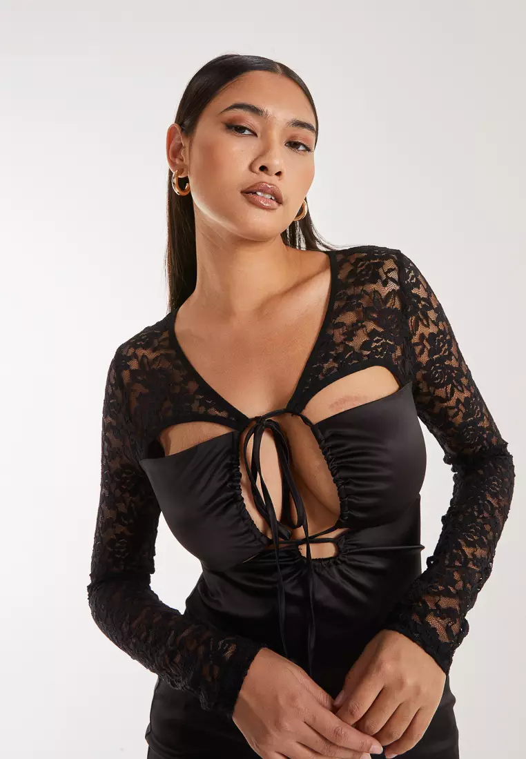Buy Pink Vanilla Pink Vanilla Black Lace Long Sleeve Cut Out Mini