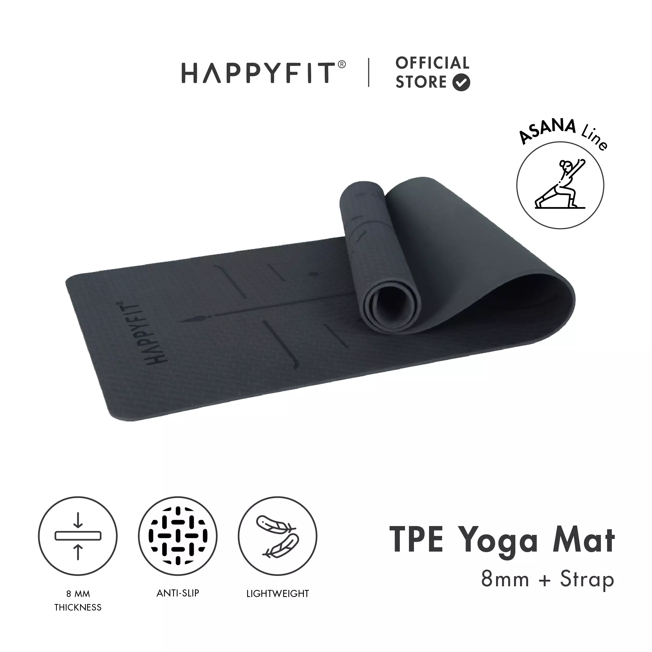 HAPPYFIT Yoga Mat Asana TPE 8mm Free Strap Black