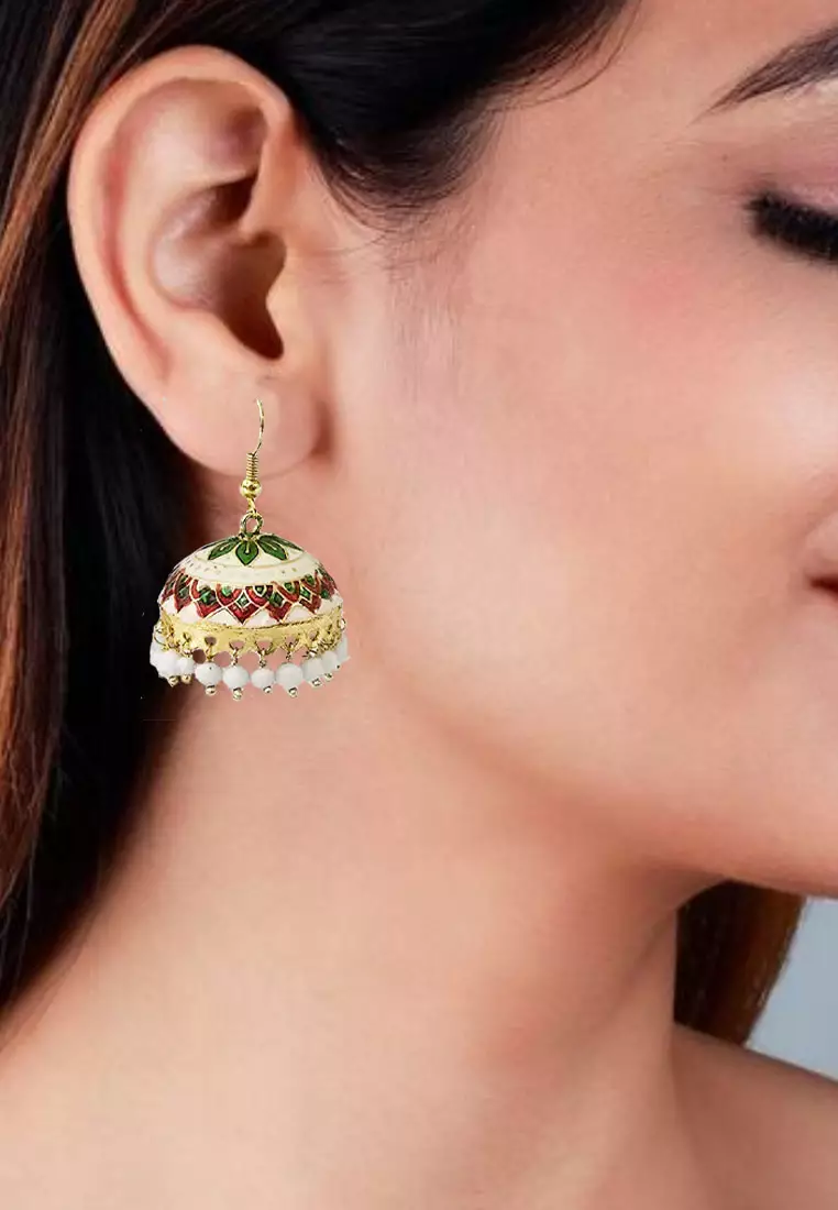 Aksesoris Wanita Lacquer Dome Shaped Jhumka Style Beads Trinkets Earring Anting Wanita Red, Green & White