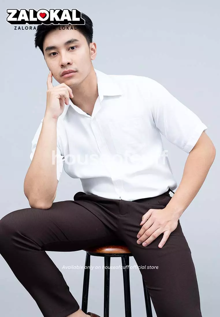 Kemeja kerja slim fit lengan pendek pria kerja Putih houseofcuff