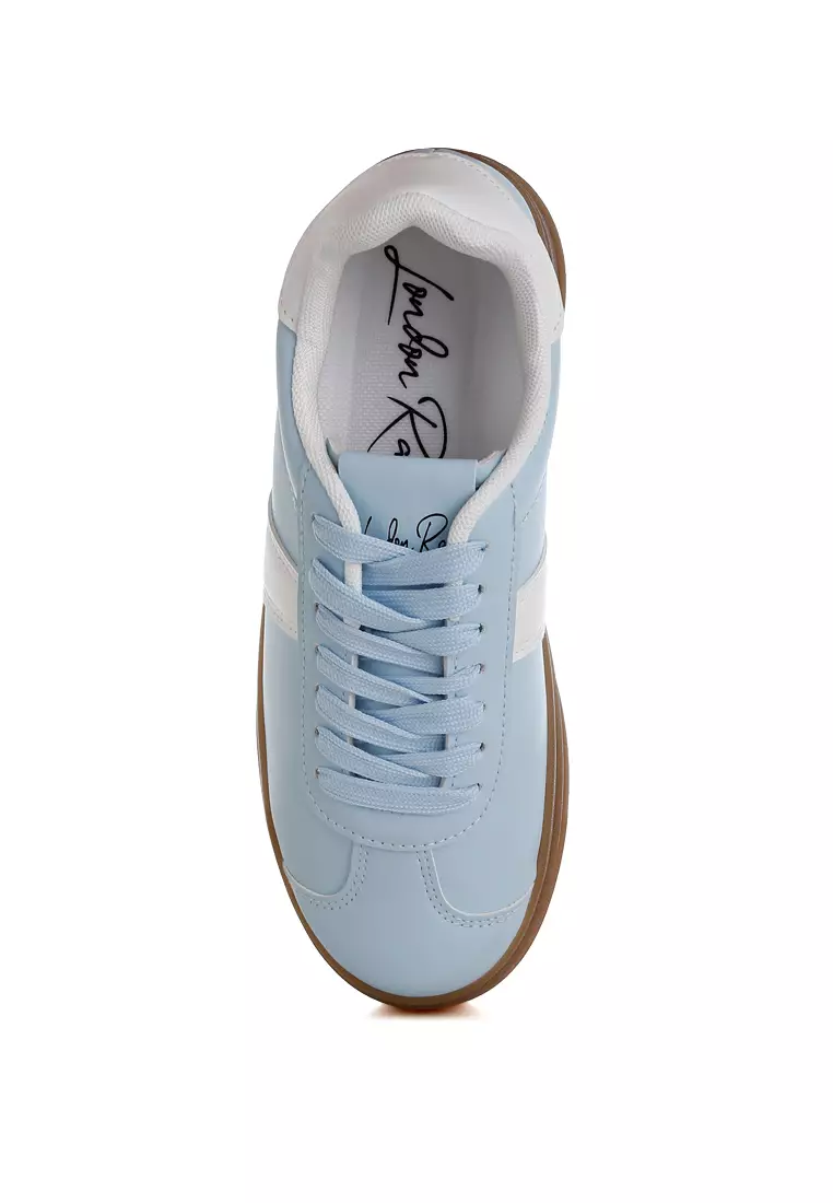 Faux Leather Lace-Up Sneakers in Light Blue