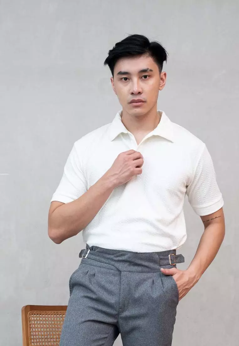 Houseofcuff Polo Shirt Rajut Stretch Lengan Pendek Pria Putih