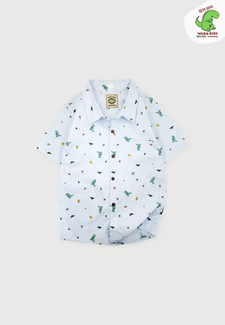 Wakakids Kemeja Anak Laki Laki Usia 6 Tahun Hingga 9 Tahun Atasan Baju Kerah Collar Shirt Pattern Dinosaurus 4328 Vensk