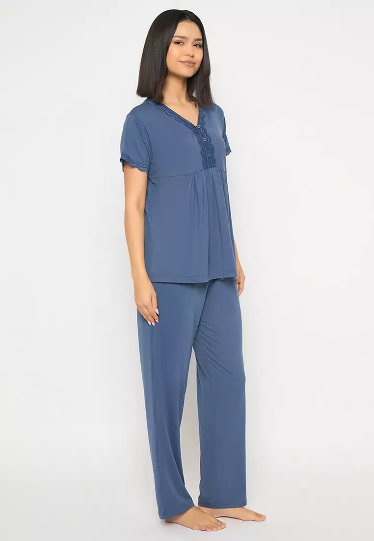 Clovia Peplum Top & Pyjama Set in Steel Blue